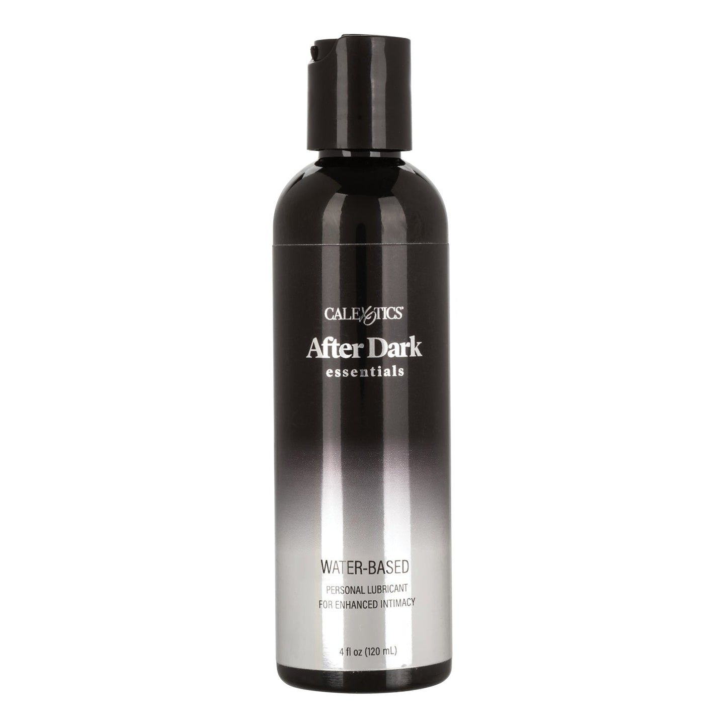 The After Dark Essentials Water Based Personal Lubricant by California Exotic Novelties is a black and gray bottle with a flip-top cap, containing 4 fl oz (120 ml). This fragrance-free lube is formulated for sensitive skin to enhance intimacy.