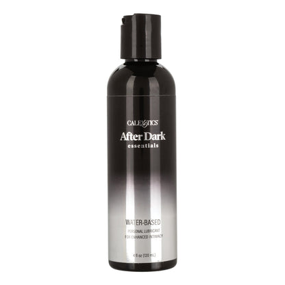 The After Dark Essentials Water Based Personal Lubricant by California Exotic Novelties is a black and gray bottle with a flip-top cap, containing 4 fl oz (120 ml). This fragrance-free lube is formulated for sensitive skin to enhance intimacy.