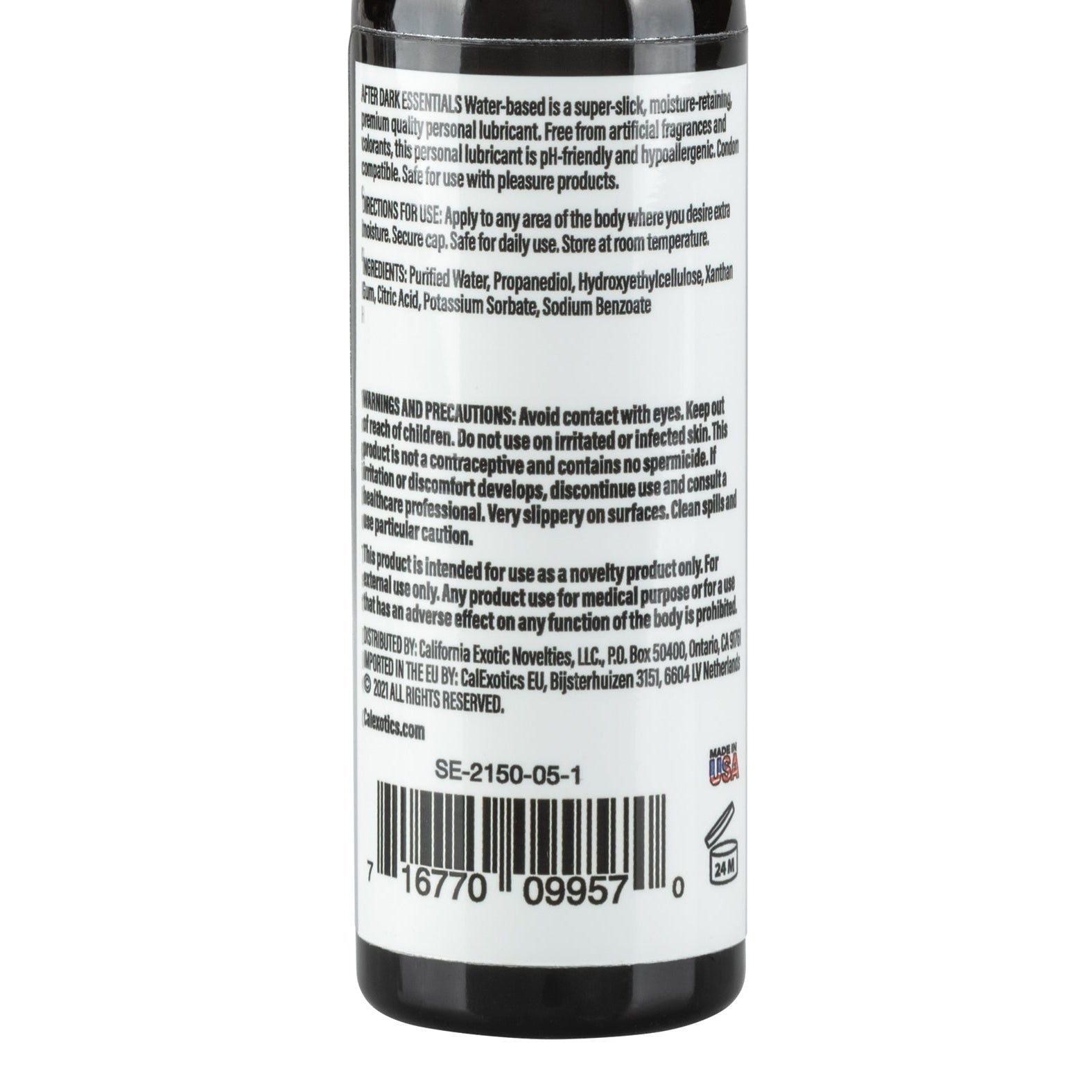 The After Dark Essentials Water Based Personal Lubricant by California Exotic Novelties lists ingredients, directions, and warnings on the back, emphasizing its fragrance-free formula for sensitive skin. A barcode and USA flag graphic are at the bottom of the label, which indicates its a personal care product.