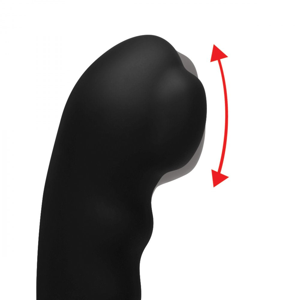 A black abstract object with a smooth, curving shape and a red double-headed arrow evokes the dynamic elegance of the Alpha Pro 7x P-Milker Prostate Stimulator With Milking Bead from Alpha Pro. The white background highlights its innovative design for advanced functionality.