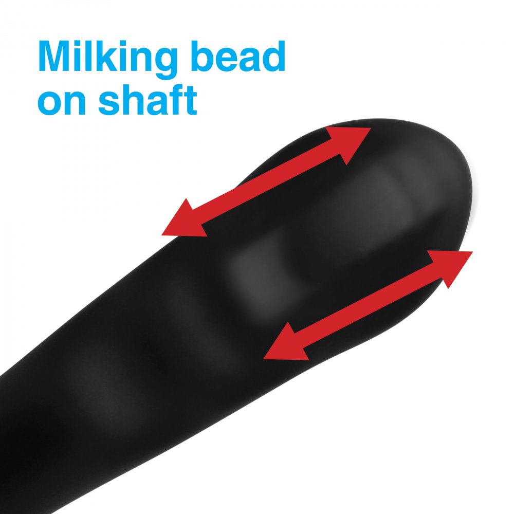 A close-up of a black cylindrical Alpha Pro 7x P-Milker Prostate Stimulator, with red arrows pointing to the Milking Bead on Shaft, highlights its P-spot stimulation capabilities. The image features a white background, and the text is in blue.