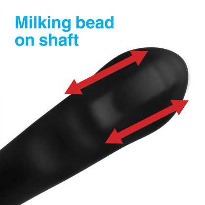 A close-up of a black cylindrical Alpha Pro 7x P-Milker Prostate Stimulator, with red arrows pointing to the Milking Bead on Shaft, highlights its P-spot stimulation capabilities. The image features a white background, and the text is in blue.