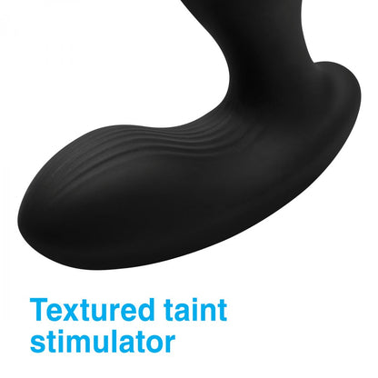 Close-up of Alpha Pro 7x P-Milker Prostate Stimulator with a black textured design, smooth ergonomic shape, and subtle ridges for enhanced sensation. Perfect for P-spot stimulation. Blue text: Alpha Pro 7x P-Milker: Textured taint stimulator.