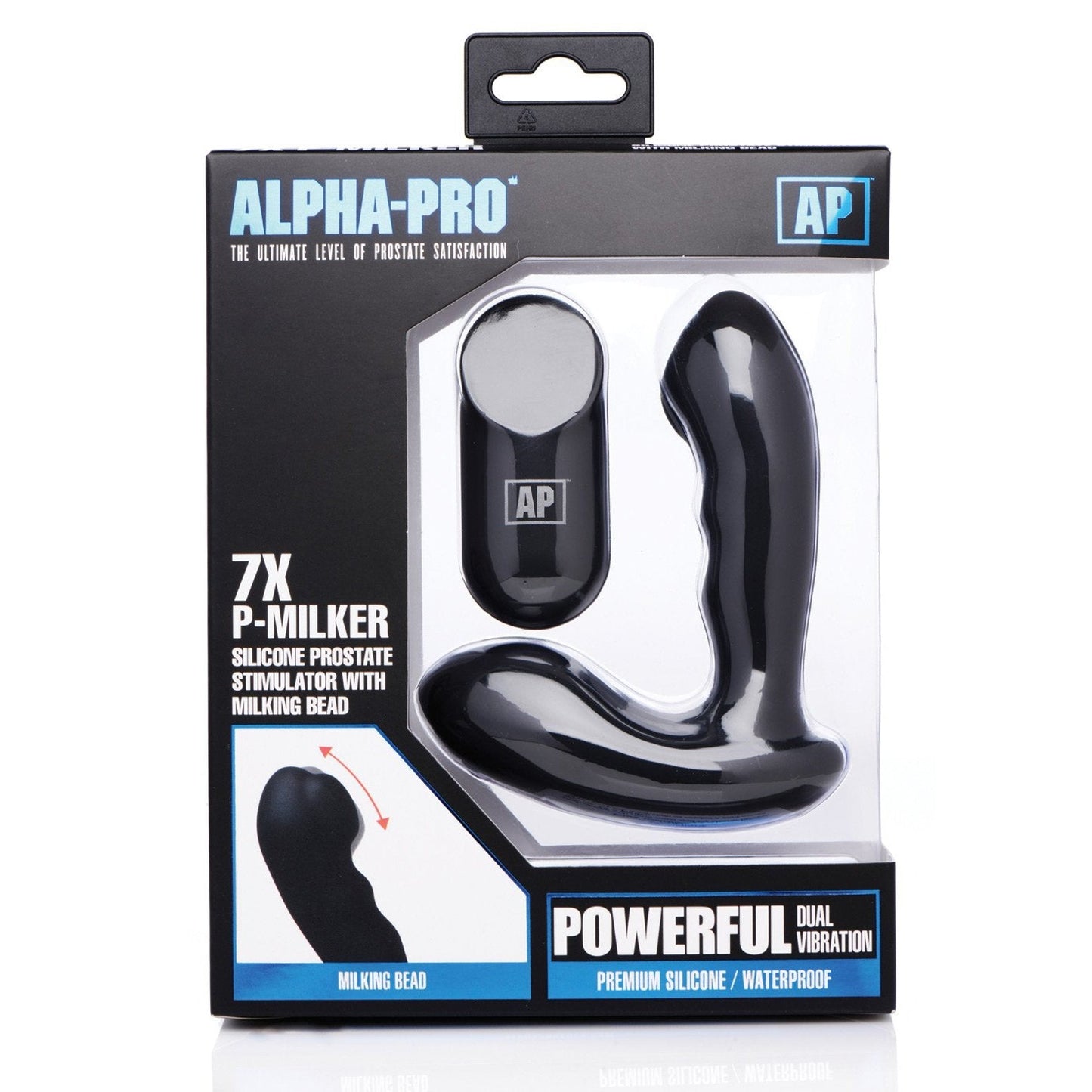 The Alpha Pro 7x P-Milkers packaging highlights its expertise with a sleek curved design and dual vibration for P-spot stimulation, plus a waterproof, premium silicone build and an intuitive remote control for seamless use.