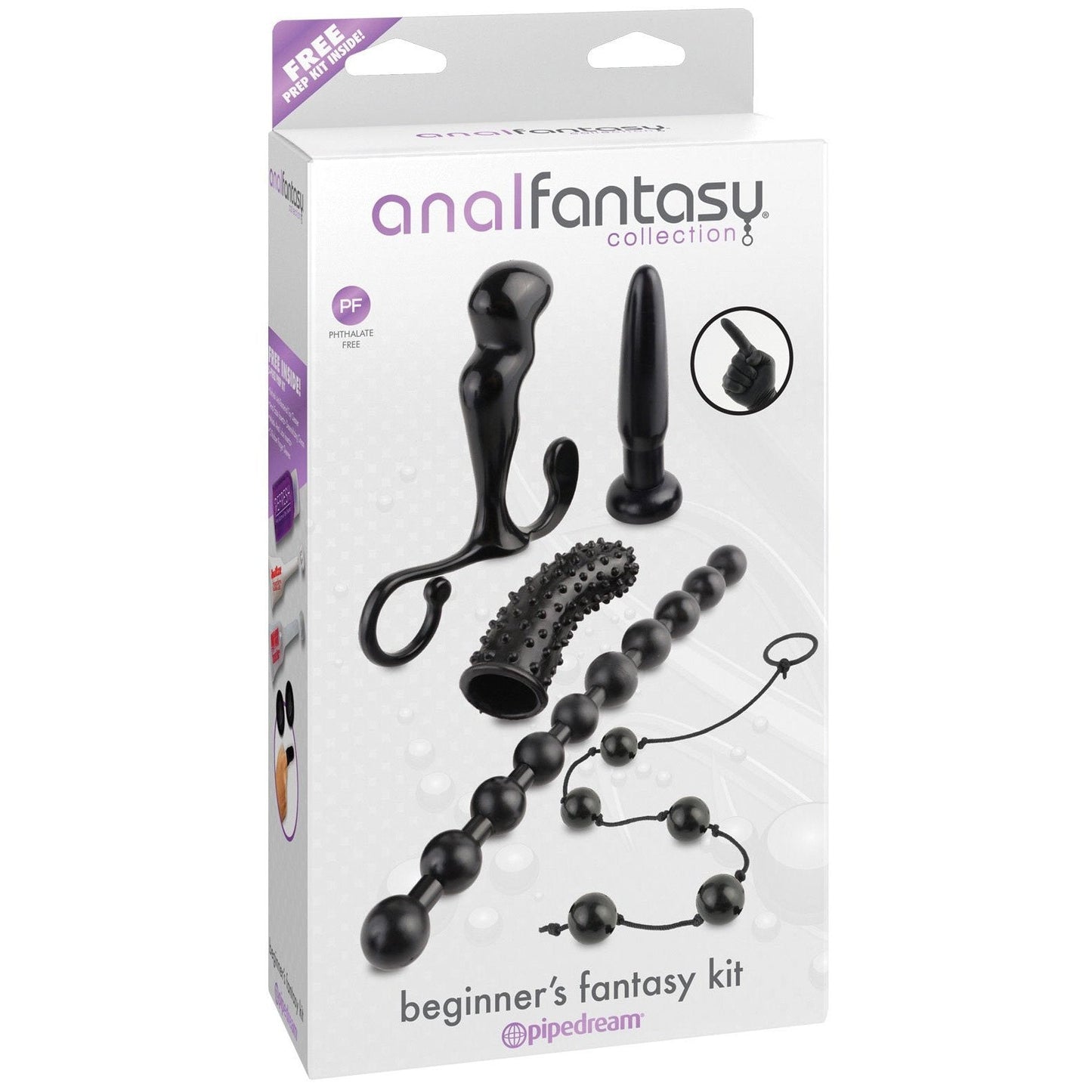 The Anal Fantasy Collection Beginners Fantasy Kit by Pipedream includes a sleek black Prostate Stimulator, anal beads, and a plug. The packaging highlights Free Prep Kit Inside.