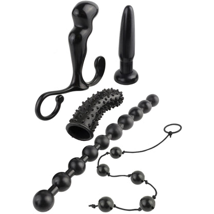 Introducing Pipedreams Anal Fantasy Collection Beginners Fantasy Kit, a selection of black adult toys, including a prostate massager, smooth plug, textured sleeve, and two sets of beads in varying sizes to elevate your experience.