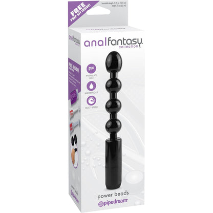 The image displays the Pipedream Anal Fantasy Collection Beginners Power Beads box, an ideal anal toy for beginners. The black graduated beads are Phthalate Free, Waterproof, and offer Multi-Speed options, as highlighted on the packaging.