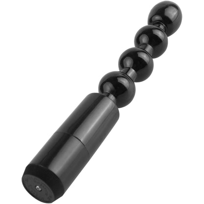 A black, cylindrical object with progressively larger round beads resembles Pipedreams Anal Fantasy Collection Beginners Power Beads, prominently displayed against a white background.