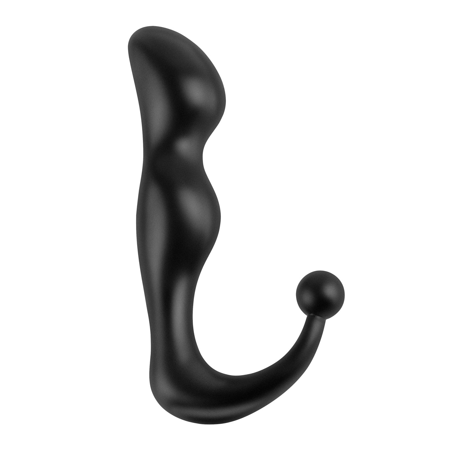 The Anal Fantasy Collection Perfect Plug by Pipedream is a black, phthalate-free silicone curved prostate massager with a bulbous, textured design for enhanced anal play. It has an ergonomic shape with a rounded handle base, set against a plain white background.