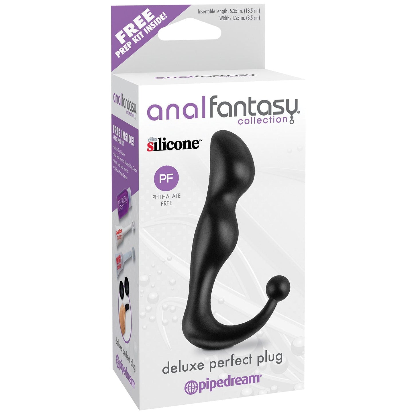 The Anal Fantasy Collection Perfect Plug by Pipedream is a phthalate-free black silicone plug designed for anal play. Its ergonomic shape offers a perfect fit with an insertable length of 5.25 inches and width of 1 inch, and it includes a prep kit.