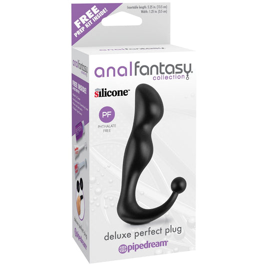 The Anal Fantasy Collection Perfect Plug by Pipedream is a phthalate-free black silicone plug designed for anal play. Its ergonomic shape offers a perfect fit with an insertable length of 5.25 inches and width of 1 inch, and it includes a prep kit.