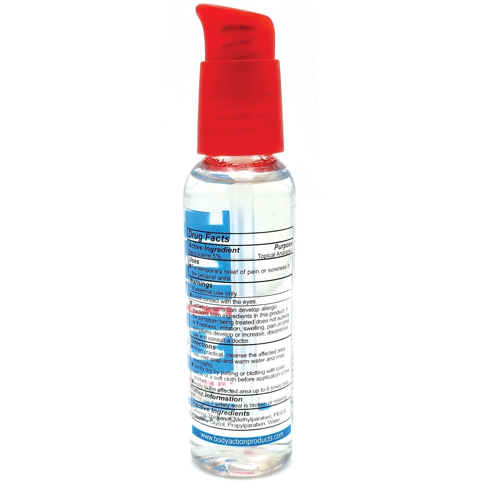 A clear gel in a transparent bottle with a red pump, featuring detailed product and drug information, serves as both a desensitizer and silicone lubricant to enhance comfort and pleasure for those using Body Action Products Anal Glide Extra Anal Lubricant & Desensitizer.