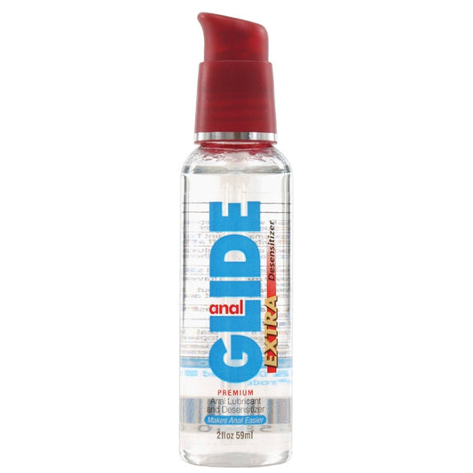 The Body Action Products Anal Glide Extra Anal Lubricant & Desensitizer is a premium 2 fl oz (59 ml) silicone lube in a clear plastic bottle with a red pump top, featuring desensitizing and deodorizing properties for enhanced comfort and ease.