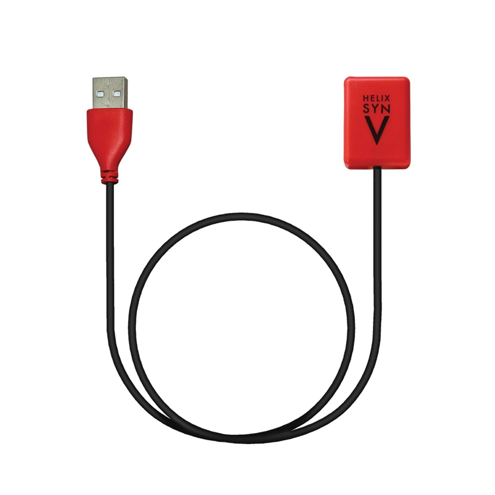 A red USB cable featuring a square connector labeled HELIX SYN V on one end and a standard USB plug on the other is neatly coiled in a loop, reminiscent of a precision tool, set against a white backdrop. Aneros Helix Syn V Prostate Massagers charging solution by Aneros.