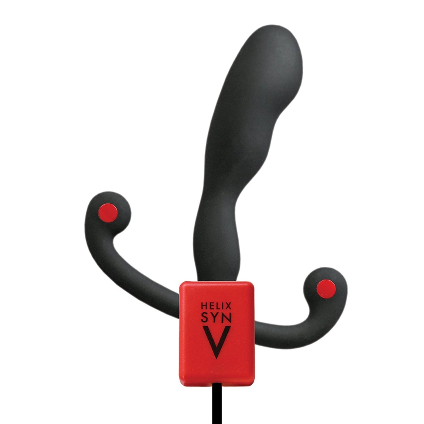 The Aneros Helix Syn V Prostate Massager is a red and black ergonomic precision tool featuring a curved, dual-arm design for comfort.