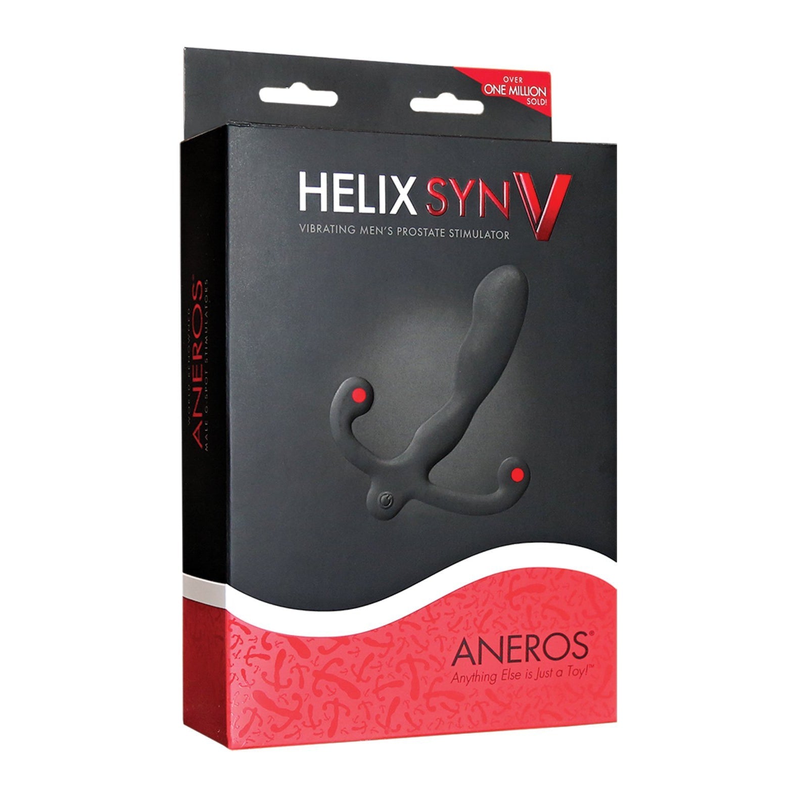 The Aneros Helix Syn V Prostate Massager features packaging with a sleek black and red design, highlighted by a prominent product image on the front.
