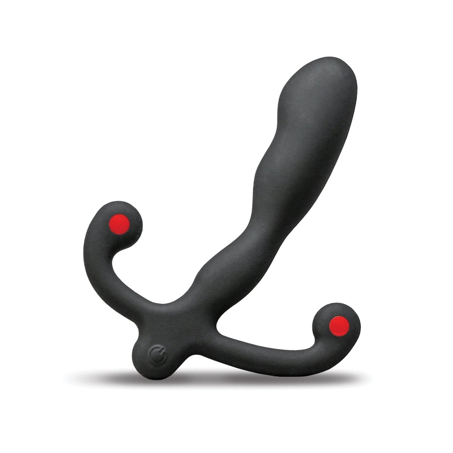 The Aneros Helix Syn V Prostate Massager by Aneros is a black massager with a curved design and textured surface, doubling as a precision tool. It has two handle-like extensions with red tips for easy grip and is shown on a plain white background.