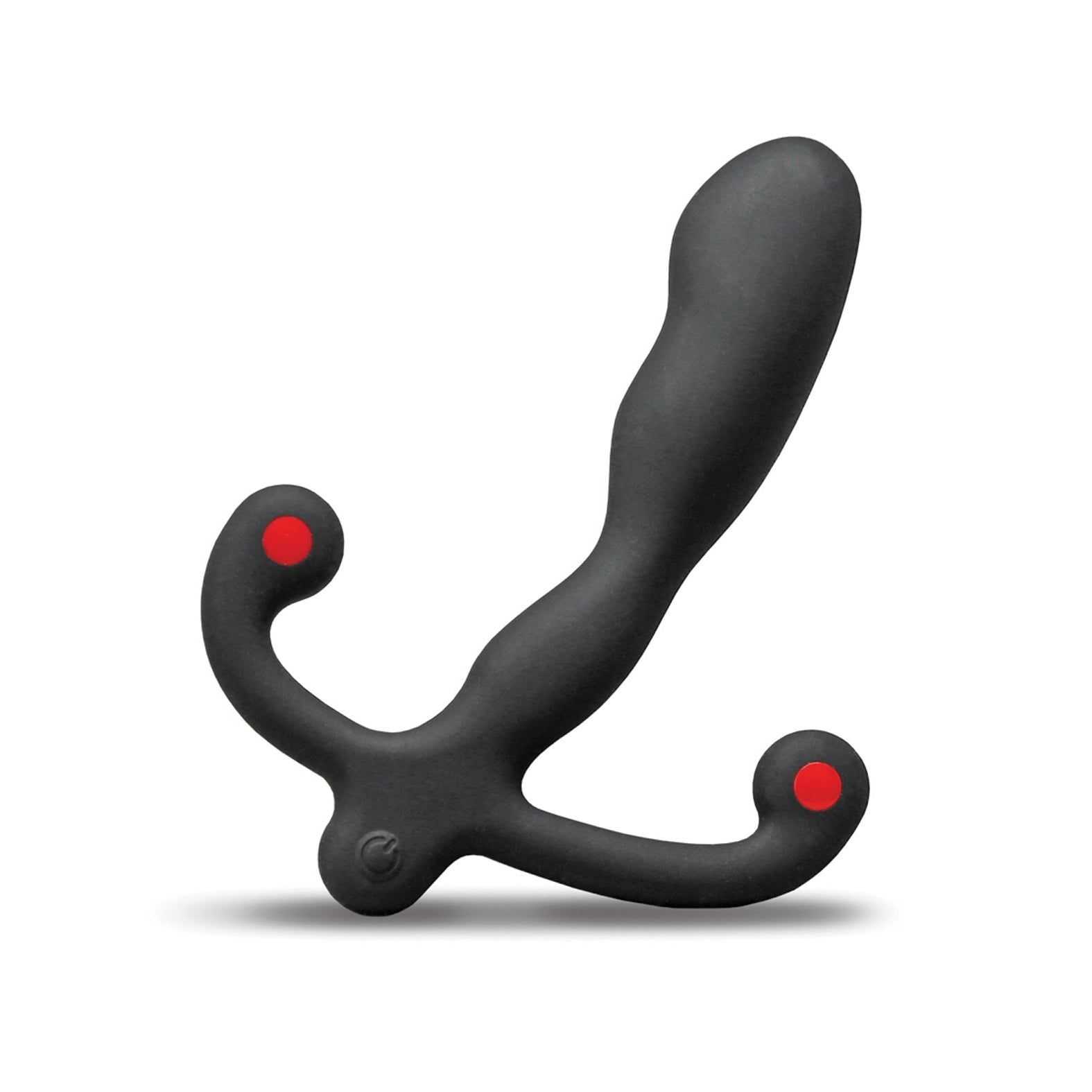 The Aneros Helix Syn V Prostate Massager by Aneros is a black massager with a curved design and textured surface, doubling as a precision tool. It has two handle-like extensions with red tips for easy grip and is shown on a plain white background.