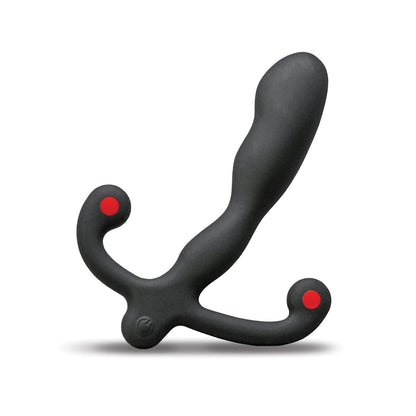 The Aneros Helix Syn V Prostate Massager by Aneros is a black massager with a curved design and textured surface, doubling as a precision tool. It has two handle-like extensions with red tips for easy grip and is shown on a plain white background.
