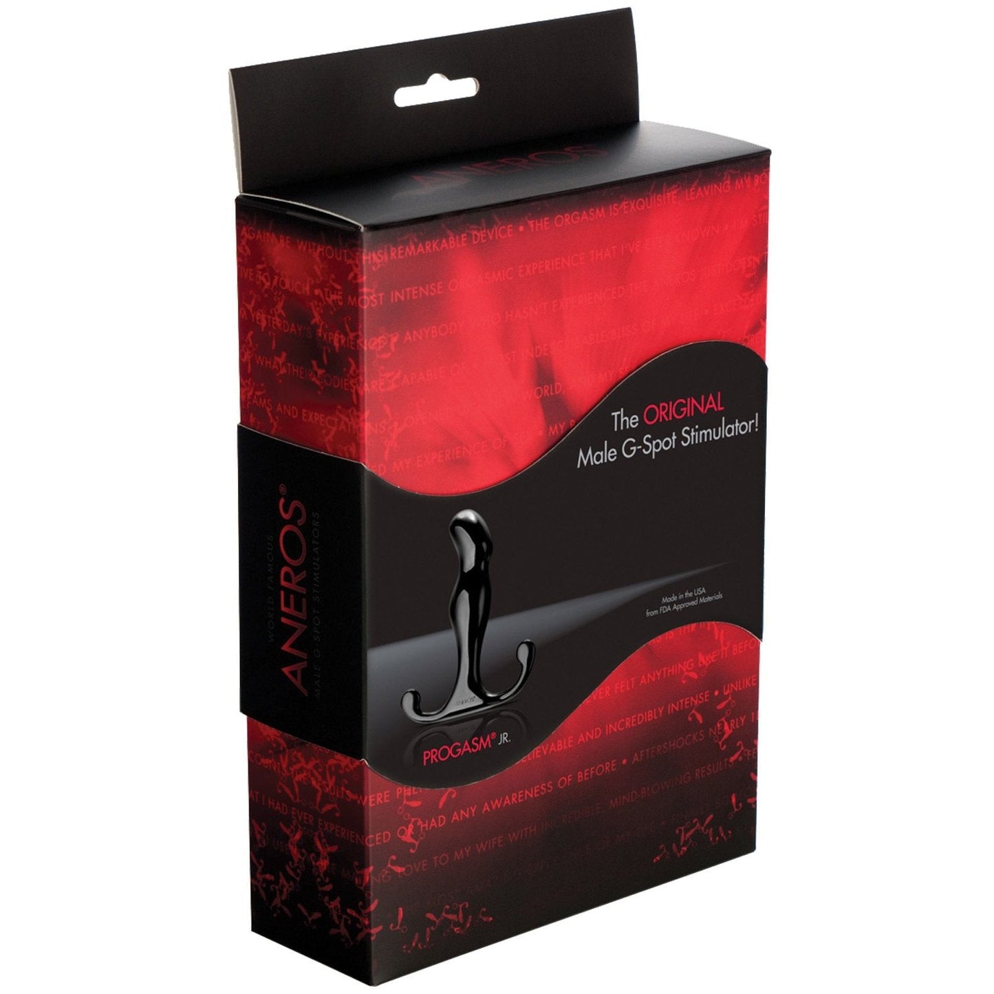 The Aneros Progasm Jr packaging features a sleek red and black design, showcasing its male G-spot massager. The box highlights the stimulators benefits with an image of its innovative design, ideal for those seeking an enhanced prostate experience.