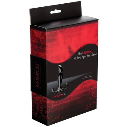 The Aneros Progasm Jr packaging features a sleek red and black design, showcasing its male G-spot massager. The box highlights the stimulators benefits with an image of its innovative design, ideal for those seeking an enhanced prostate experience.