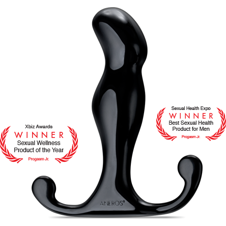 The stylish black Aneros Male Prostate Stimulator - Progasm Jr. features a curved design and accolades as an Xbiz Awards Winner Sexual Wellness Product of the Year and Sexual Health Expo Winner Best Sexual Health Product for Men.