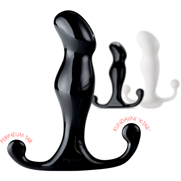 The black, ergonomic Aneros Male Prostate Stimulator - Progasm Jr is showcased with smooth curves and a hook-like base. Blurred versions are in the background. Text labels show Perineum Tab and Kundalini K-Tab..