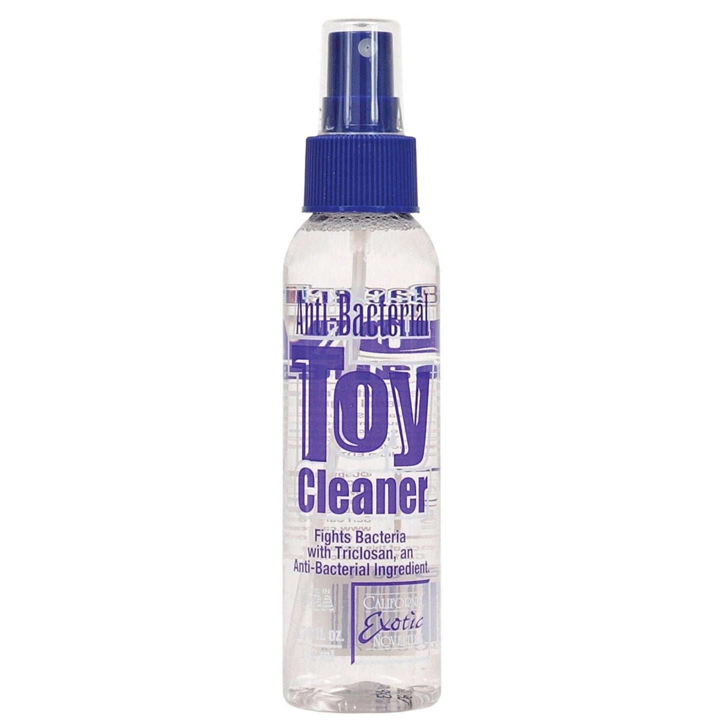 Clear spray bottle of Anti-Bacterial Toy Cleaner by California Exotic Novelties with a blue cap. Label states Fights Bacteria with Triclosan, an Anti-Bacterial Ingredient. Background is plain white.