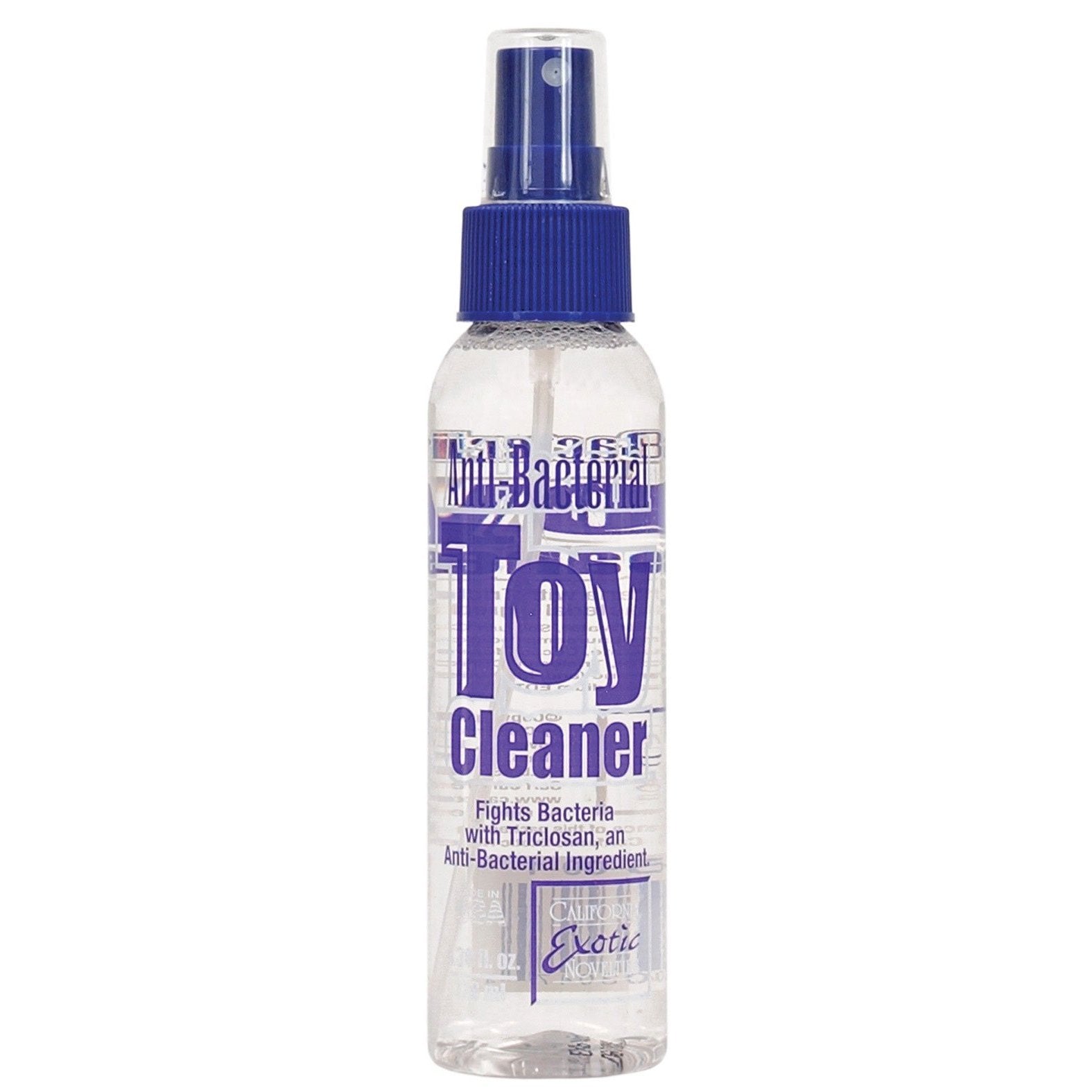 Clear spray bottle of Anti-Bacterial Toy Cleaner by California Exotic Novelties with a blue cap. Label states Fights Bacteria with Triclosan, an Anti-Bacterial Ingredient. Background is plain white.
