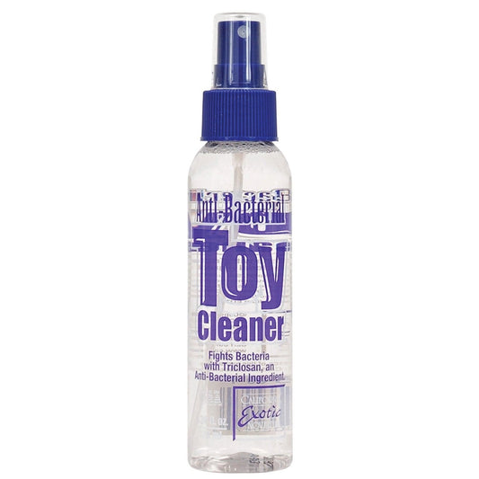 Clear spray bottle of Anti-Bacterial Toy Cleaner by California Exotic Novelties with a blue cap. Label states Fights Bacteria with Triclosan, an Anti-Bacterial Ingredient. Background is plain white.