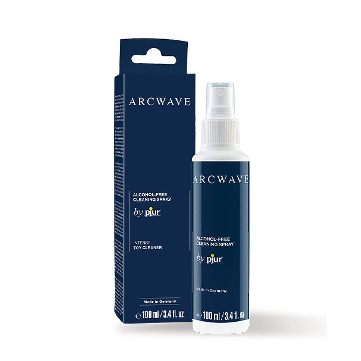 The spray bottle and its box highlight the Arcwave Clean by Pjur - 3.4 oz, an alcohol-free toy cleaner for silicone toys, in a sleek white bottle with a dark blue label.