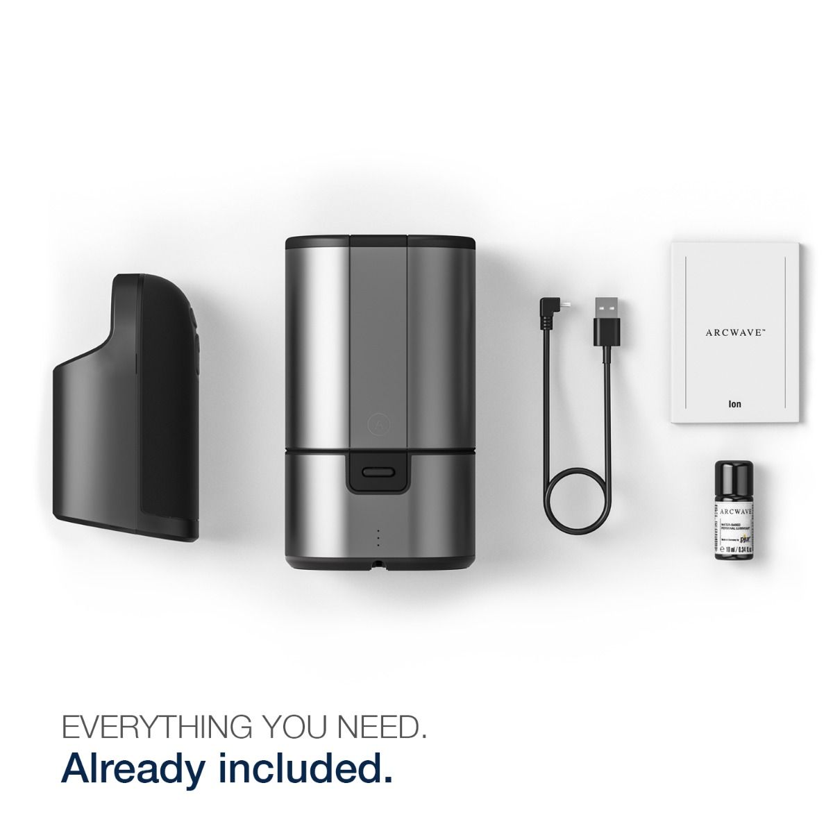 The Arcwave Ion Pleasure Air Masturbator by Arcwave is displayed on a white background with its charging base, USB cable, lubricant bottle, and instruction manual. Text reads: Everything you need. CleanTech silicone already included.