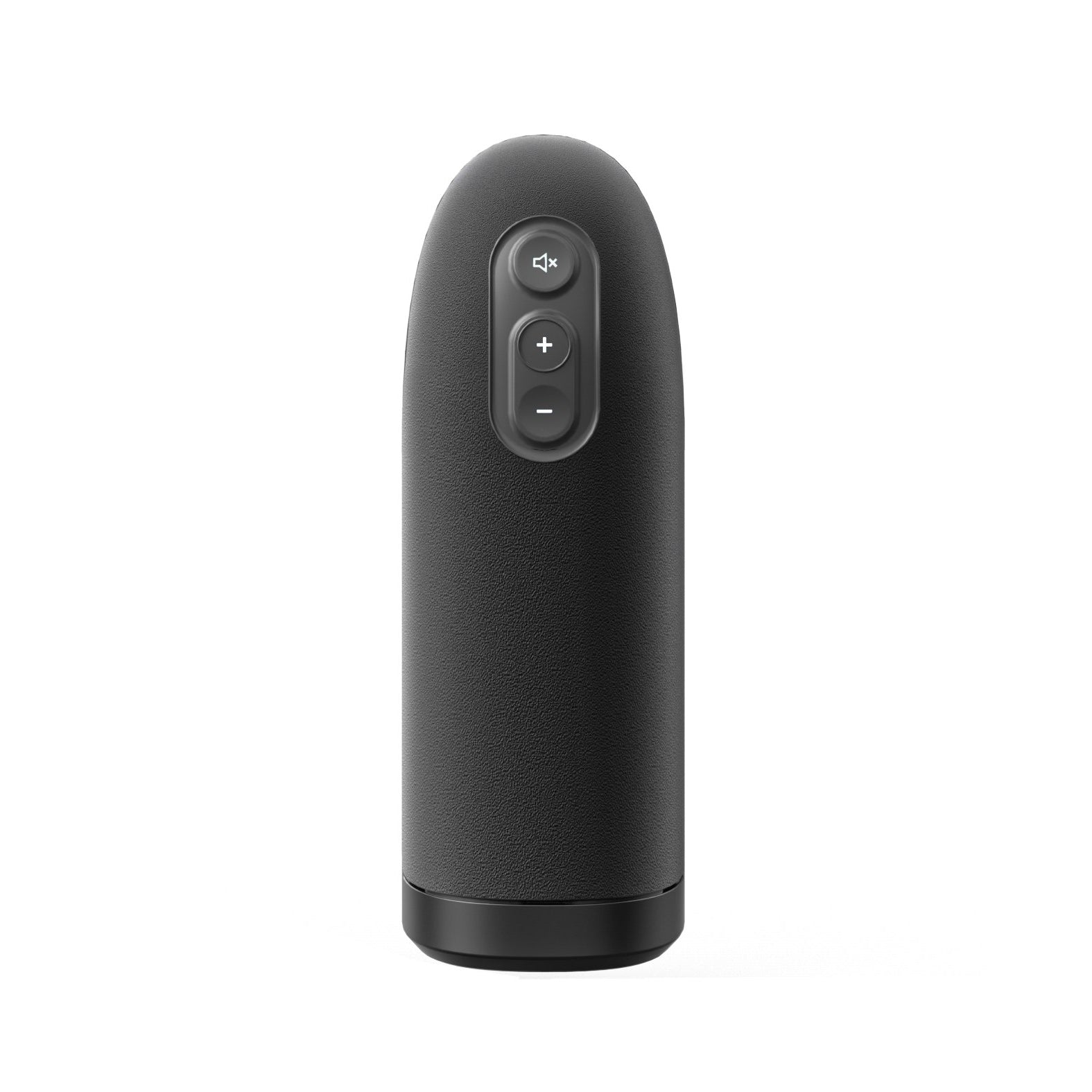 A cylindrical Arcwave Ion Pleasure Air Masturbator by Arcwave, in black with a textured CleanTech silicone surface, displays three vertically arranged buttons—mute, volume up, and volume down—on the front. It stands upright against a plain white background.