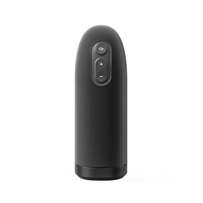 A cylindrical Arcwave Ion Pleasure Air Masturbator by Arcwave, in black with a textured CleanTech silicone surface, displays three vertically arranged buttons—mute, volume up, and volume down—on the front. It stands upright against a plain white background.