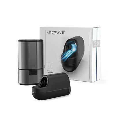 A sleek black Arcwave Ion Pleasure Air Masturbator, displayed next to its packaging with a blue airflow graphic, hints at its innovative technology. The cylindrical design with a detachable part features the latest CleanTech silicone, illustrating this advanced personal care device by Arcwave.