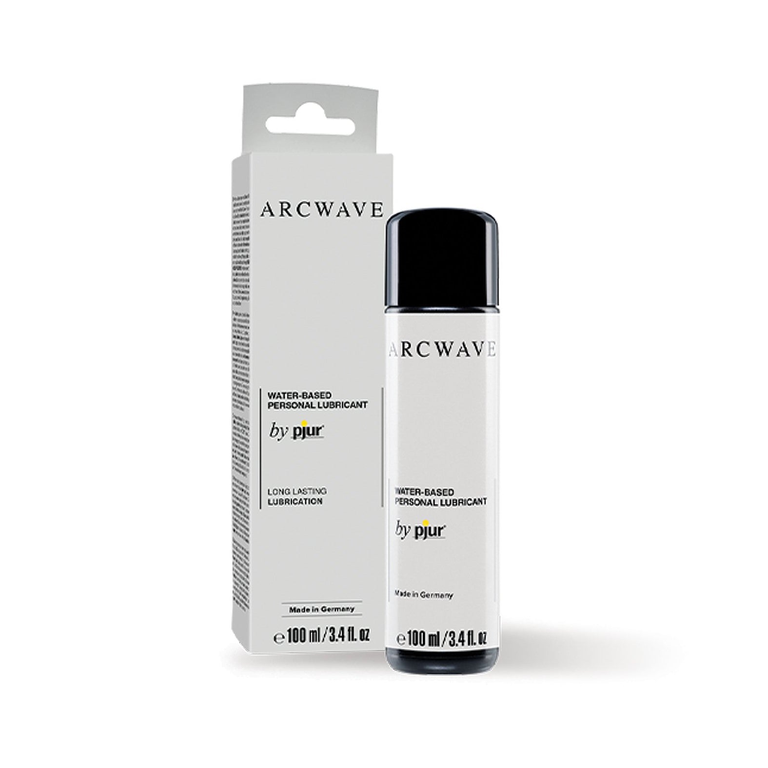 A 3.4 oz bottle of Arcwave Lube by Pjur is showcased with its sleek packaging. The white box with black text emphasizes its promise of long-lasting lubrication, ensuring a smooth, satisfying experience.