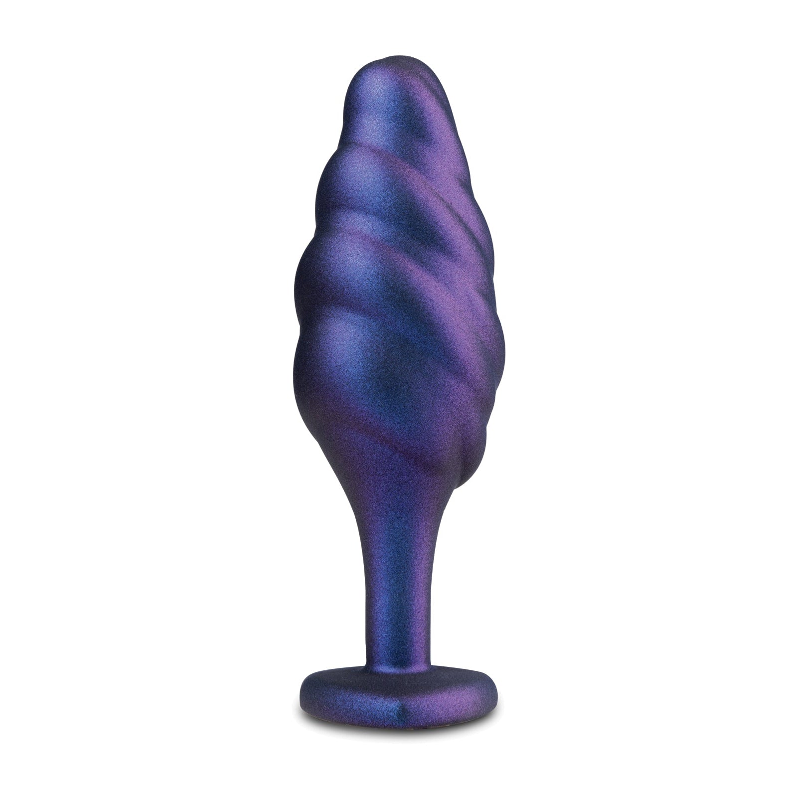 The Blush Novelties Anal Adventures Matrix Bumped Bling Plug, a blue and purple swirled, cone-shaped silicone piece with a base, resembles modern art and offers an intriguing mix of aesthetics and functionality with StayPut technology.