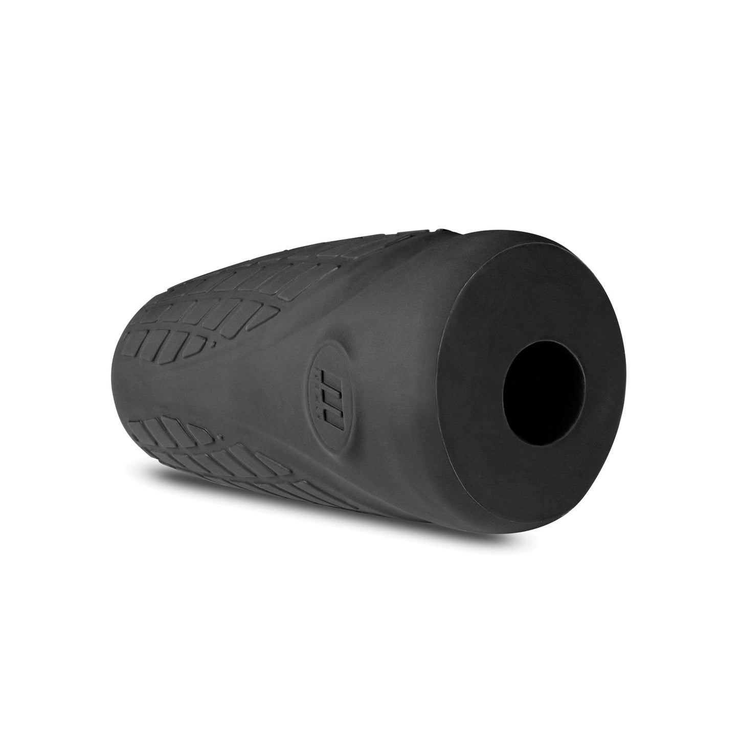 The Blush Novelties M Elite Platinum Gript Silicone Stroker, a black, cylindrical sports accessory with a textured surface and hollow center for enhanced grip, is showcased against a white background.