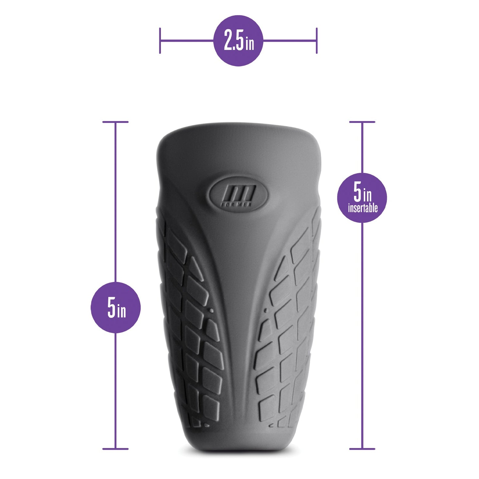 The Blush M Elite Platinum Gript Silicone Stroker by Blush Novelties is a gray textured cylinder with a tire tread pattern. Measuring 2.5 inches wide and 5 inches tall with 5 inches insertable, this mens toy has purple measurement indicators on a plain white background.