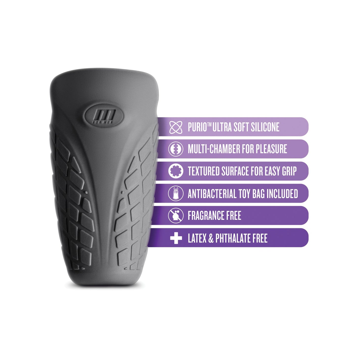 Introducing the Blush M Elite Platinum Gript Silicone Stroker by Blush Novelties: crafted with Purio™ ultra-soft silicone, this gray textured mens toy features a flexible multi-chamber design for enhanced pleasure. It includes an antibacterial bag and is fragrance, latex, and phthalate-free.