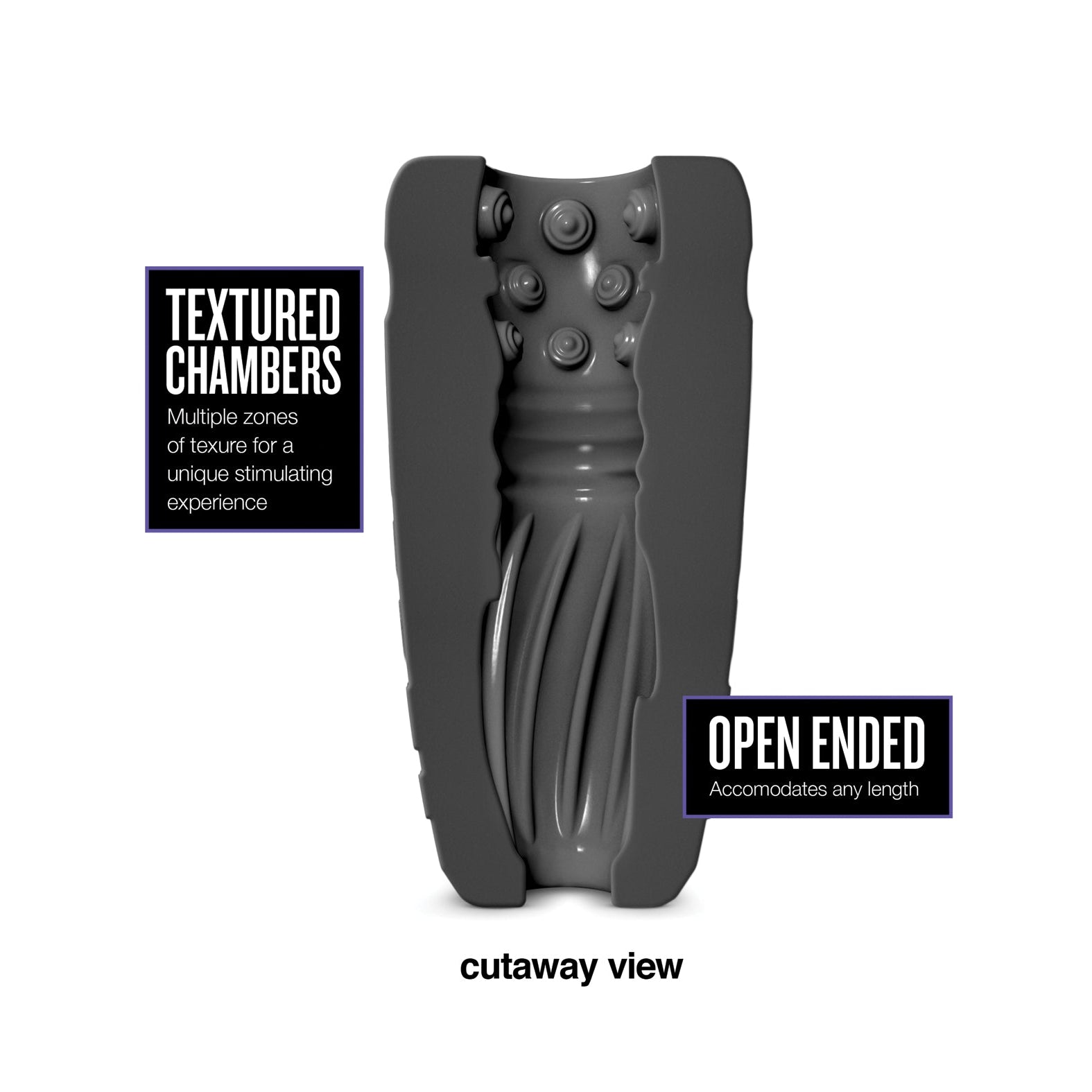 The Blush Novelties M Elite Platinum Gript Silicone Stroker, in black, features a cutaway view of textured chambers for enhanced stimulation. Its flexible, open-ended design accommodates varying lengths, making it an ideal mens toy to elevate your experience.