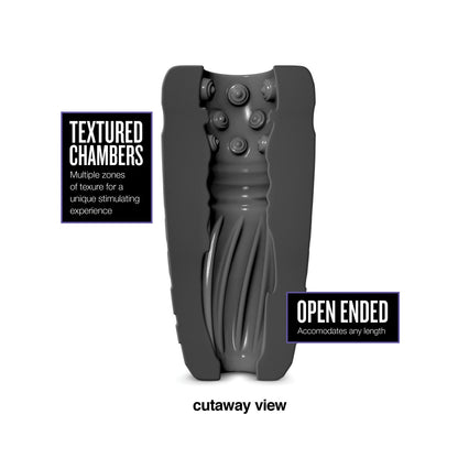 The Blush Novelties M Elite Platinum Gript Silicone Stroker, in black, features a cutaway view of textured chambers for enhanced stimulation. Its flexible, open-ended design accommodates varying lengths, making it an ideal mens toy to elevate your experience.