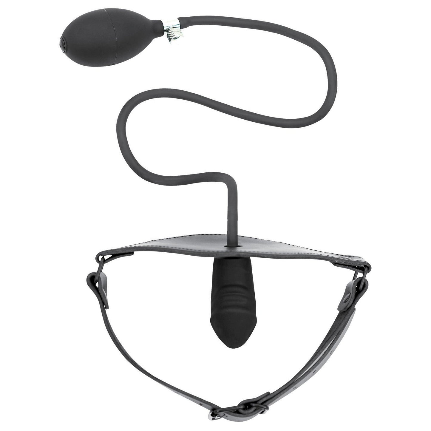 The Spartacus Inflatable Dildo Gag by Spartacus features a black plug with a hand pump attached via a flexible tube, an adjustable buckle strap, and a flat base for secure wear.