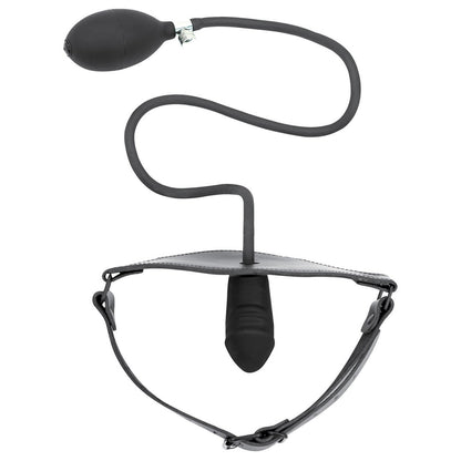 The Spartacus Inflatable Dildo Gag by Spartacus features a black plug with a hand pump attached via a flexible tube, an adjustable buckle strap, and a flat base for secure wear.