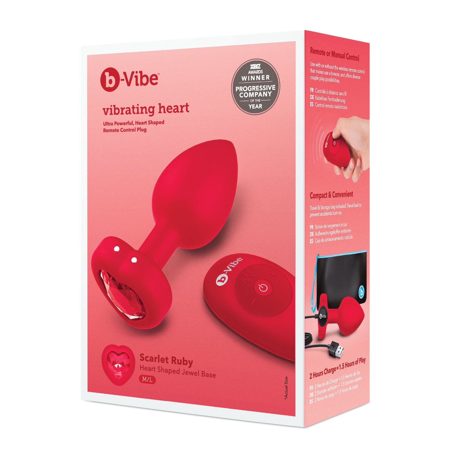 The image displays the b-Vibe Vibrating Heart Plug by b-vibe, a red, remote-controlled plug with a heart-shaped jewel base and compact design. Its packaging highlights award recognition, making it the perfect addition to your booty bling collection for anal adventures.