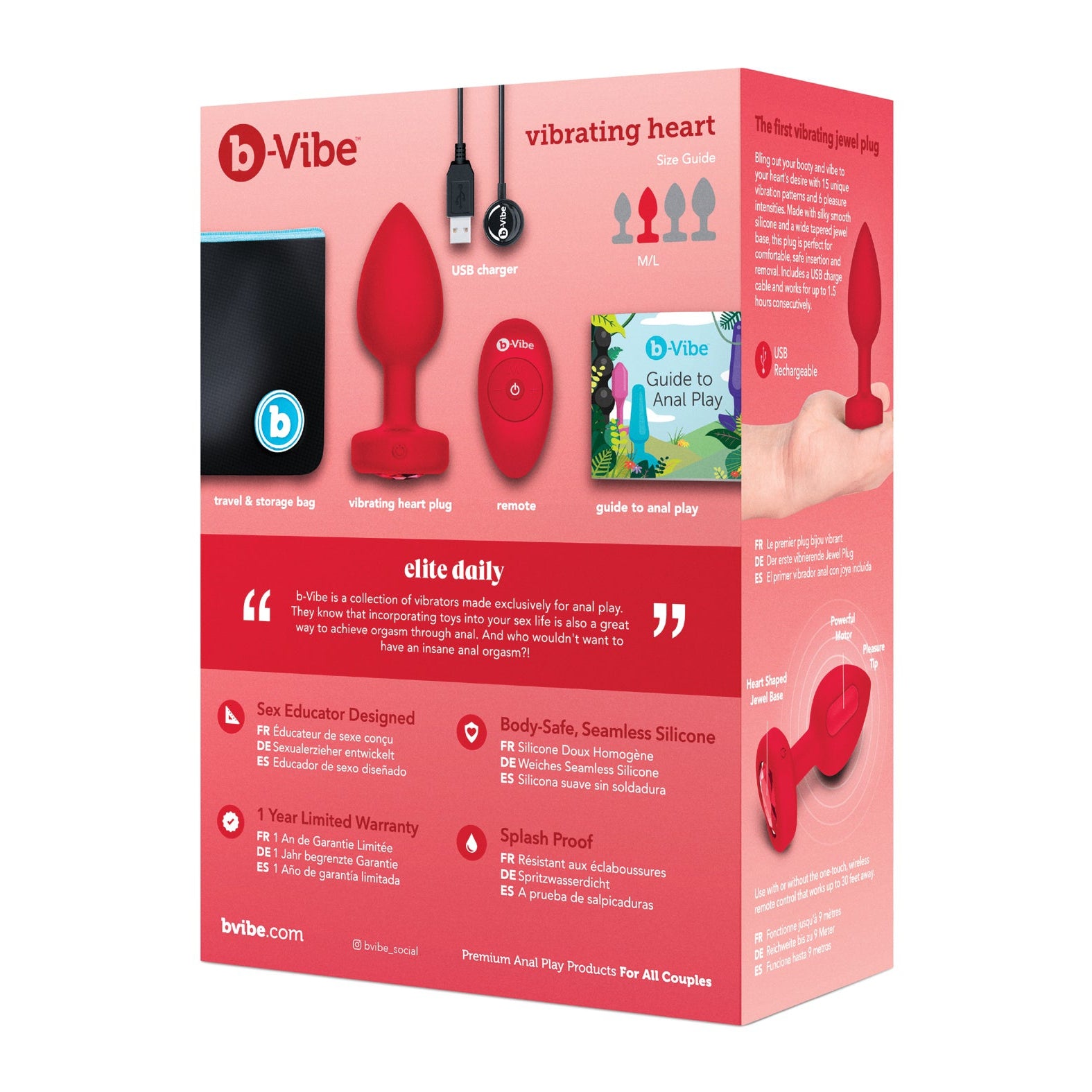 The b-Vibe Vibrating Heart Plug box showcases the plug, travel bag, remote, and USB charger. Features like seamless silicone and splash-proof design are highlighted with a 1-year warranty. Plus, it includes a Booty Bling guide for sparkling anal adventures by b-Vibe.