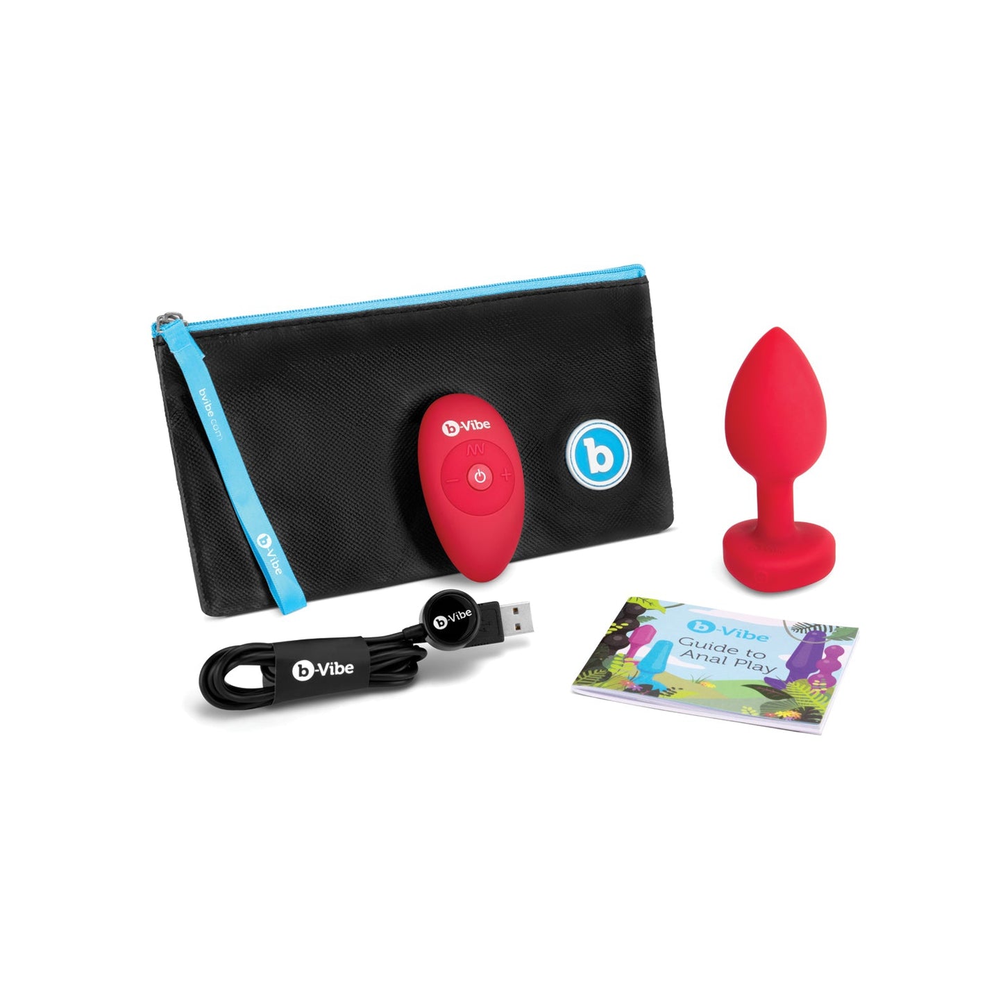 The b-Vibe Vibrating Heart Plug by b-vibe is a red and black wireless set including a USB-charged silicone plug, small remote, and black storage pouch with blue zipper. An informational guide is also included to enhance your thrilling adventures.