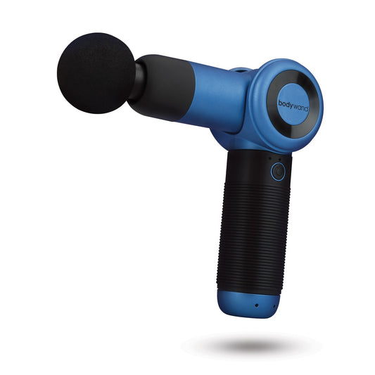 The XGen Bodywand VersaWand, a sleek blue handheld massager from XGen, features a black ergonomic grip and a round massage head. Displayed against a white background, its elegant design ensures versatile massages with the brand name bodywand prominently displayed on the side.