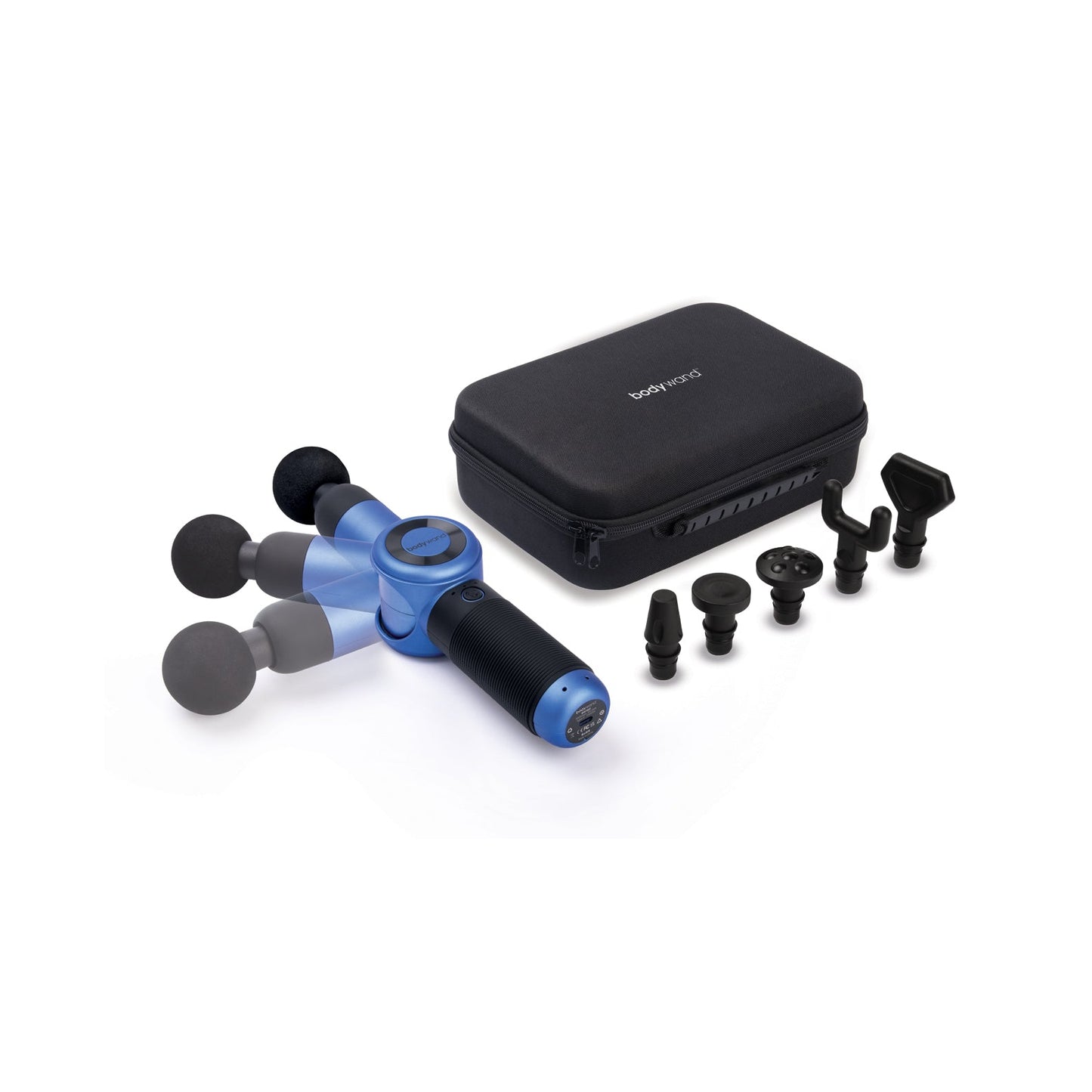The XGen Bodywand VersaWand is a sleek blue and black massage gun featuring four interchangeable heads, five attachments, and comes with a zippered black carrying case for easy transport, all neatly arranged on a white background.