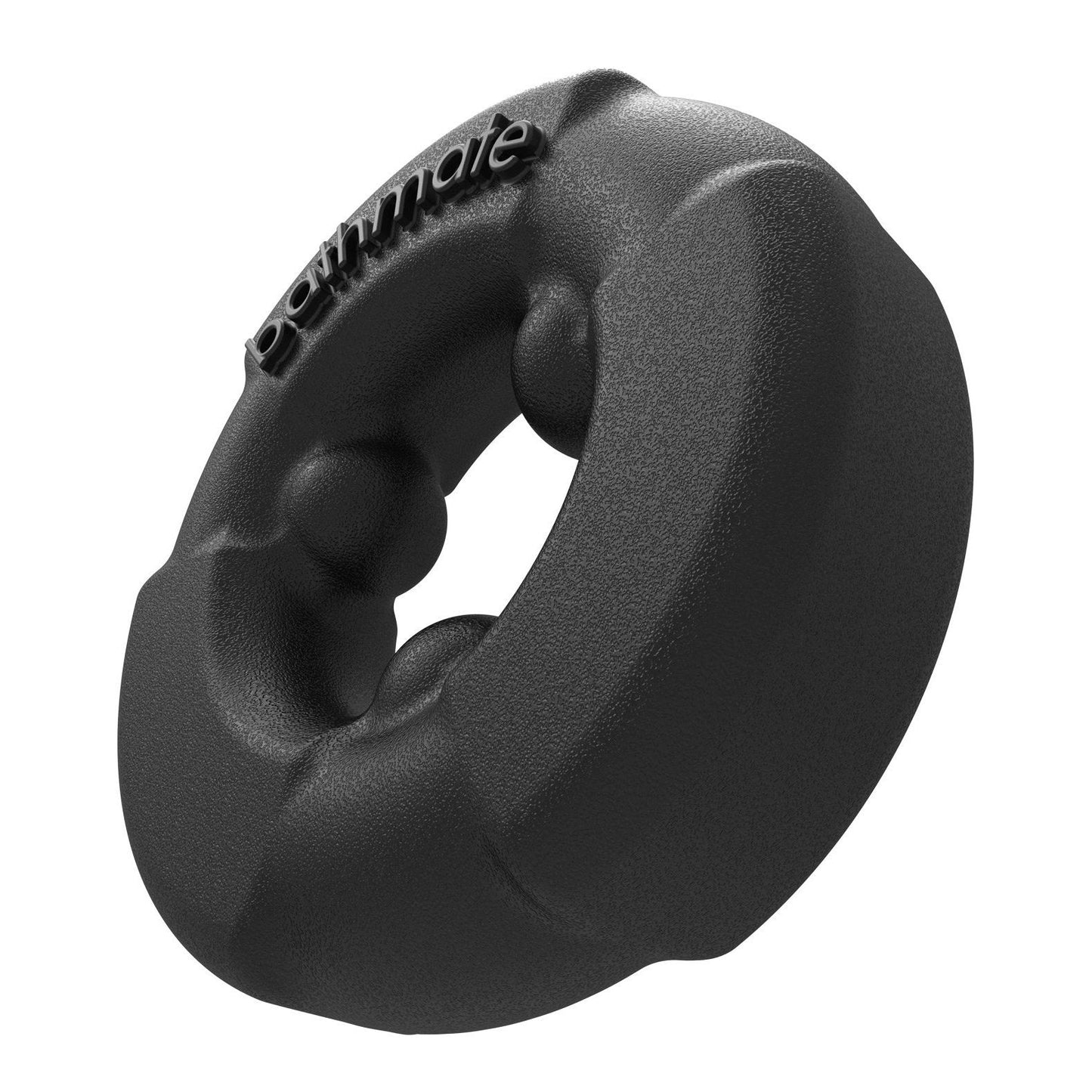 The Bathmate Gladiator Cock Ring by Adams Toy Box features a hollow center surrounded by raised bumps and engraved text on a textured, rugged black surface. Made with durable Elastomax for lasting use.